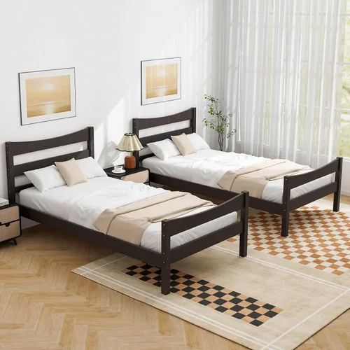 Vista 6 de Giantex - Marcos de cama individual de madera con cabecero, cama moderna con plataforma y soporte de listones de madera, espacio de almacenamiento