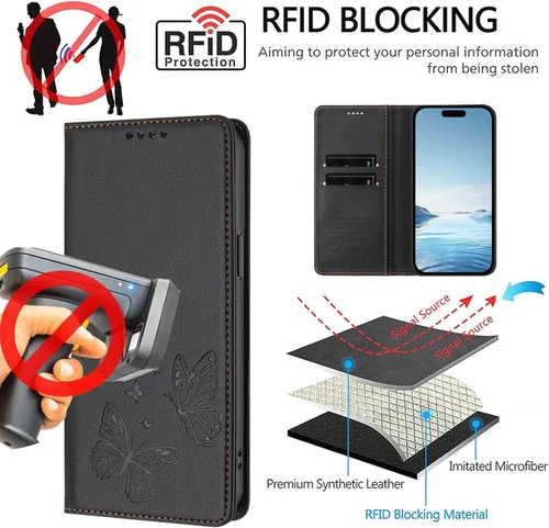 Vista 4 de Wallet Case for Motorola Moto E22i 2022 PU Leather & TPU Magnetic Flip Cover with RFID Blocking, 2 Card Slots & Cash Pocket, Shockproof Bumper, Black