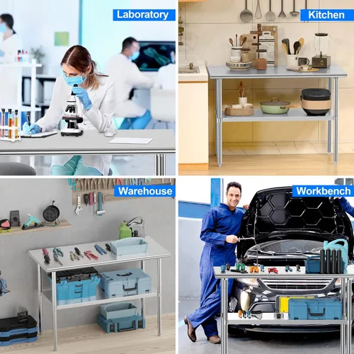 Vista 6 de Mesa de acero inoxidable para preparación y trabajo, 48x24 pulgadas; mesa comercial de metal NSF resistente para restaurante, hogar y hotel