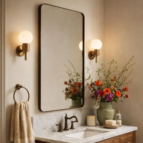 Vista 7 de GRACTO Espejo de baño con marco de metal dorado cepillado de 24 x 30 pulgadas para pared en acero inoxidable redondeado rectangular espejo