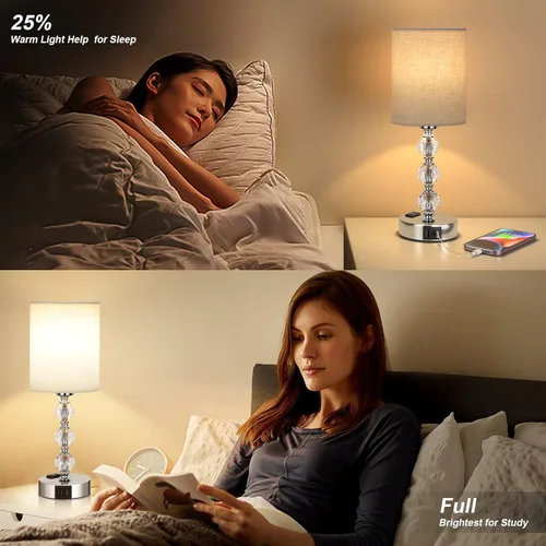 Vista 7 de Lámparas de noche táctiles blancas para dormitorios, lámpara de mesa de cristal con puerto de carga USB C+A y mesita de noche de salida de CA