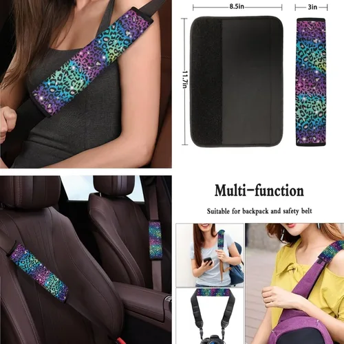 Vista 4 de JEOCODY Colorido leopardo 2 fundas de asiento de coche con 1 funda para volante, 2 almohadillas para cinturón de seguridad, 5 piezas universales