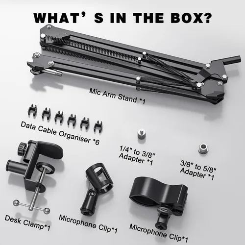 Vista 2 de Brazo de brazo para micrófono, soporte de micrófono de escritorio profesional con adaptadores de 1/4 pulgadas, 3/8 pulgadas, 5/8 pulgadas