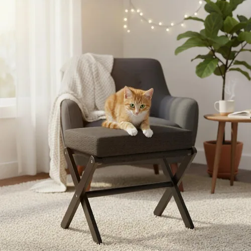 Vista 8 de BAMBOOHOMIE Taburete plegable otomano, moderno reposapiés con patas en X de bambú y cojín de espuma gruesa, taburetes plegables pequeños acolchados