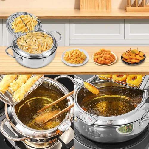 Vista 6 de Olla freidora profunda de 8.27 pulgadas/2.2 L, olla de tempura estilo Janpanese con cesta coladora y termómetro, olla profunda de acero inoxidable