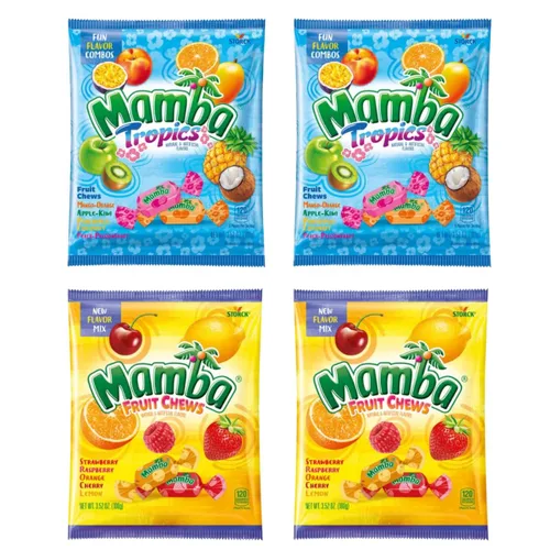 Mamba Fruit Chews and Tropics - Caramelos surtidos de dulces envueltos individualmente, 3.52 onzas (paquete de 4)
