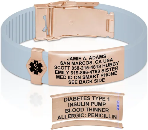Vista 171 de Divoti Pulsera de identificación de alerta médica grabada personalizada, grabado láser de doble cara (hasta 9 líneas), pulsera de silicona ajustable