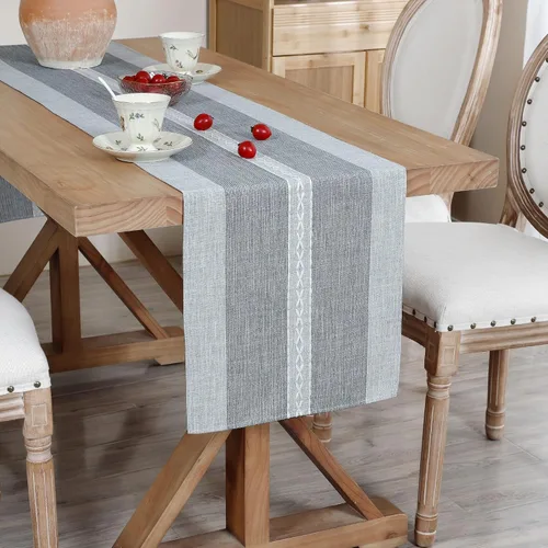 Camino de mesa trenzado y a rayas de estilo granja, bordado rústico, caminos de mesa de café para decoraciones, bodas, festividades, gris, 13x36