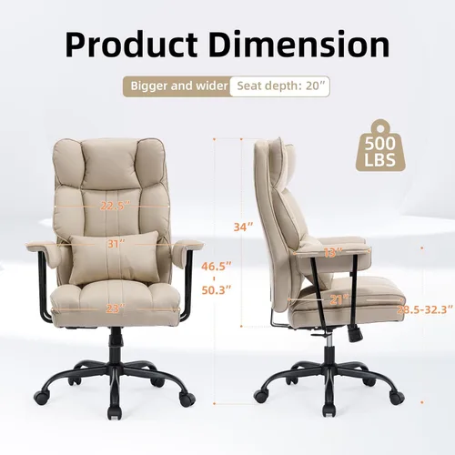 Vista 2 de Big and Tall Office Chair 500LBS Heavy Duty Executive Office Chair PU Leather Computer Gaming Chair with Lumbar Support(Beige)