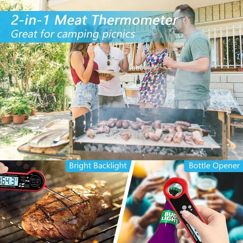 Vista 3 de Termómetro digital de carne para parrilla, termómetro de alimentos de lectura instantánea con pantalla retroiluminada impermeable, rotación