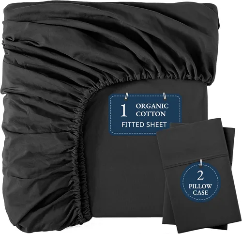 Vista 34 de LANE LINEN - Sábana bajera 100% de algodón orgánico, tamaño Queen, 2 fundas de almohada, tejido percal suave, transpirable, apta para colchones