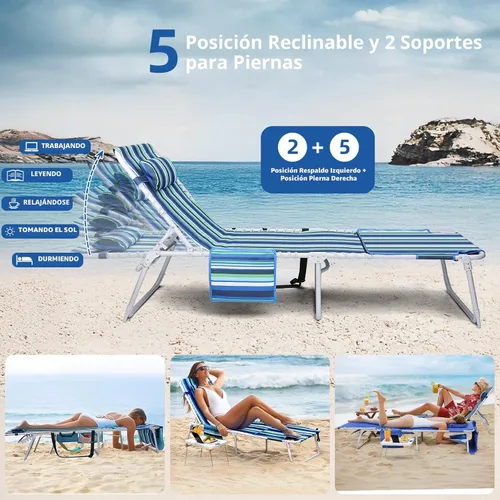 Vista 5 de Silla de playa 3 en 1 con agujeros para la cara, silla de descanso al aire libre con mesa auxiliar plegable, reclinable de 5 posiciones, colocar