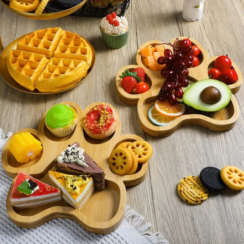 Vista 7 de Teling 2 bandejas de bambú para servir bocadillos de madera con 5 ranuras, tablero de charcutería de bambú, cuenco de madera para dulces, regalos