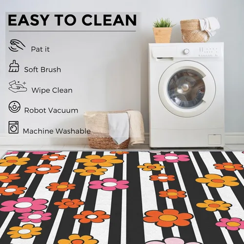 Vista 6 de 2x3 Retro Floral Throw Rugs for Entryway, Washable 70s 80s Flower Pattern Indoor Door Mat, Bedroom Kitchen Entrance, Non Slip Soft Thin, Black White