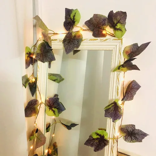 Vista 4 de Guirnalda de luces artificiales de hojas verdes, 20 luces LED de alambre de cobre, funciona con pilas para el hogar, cocina, jardín, oficina, boda