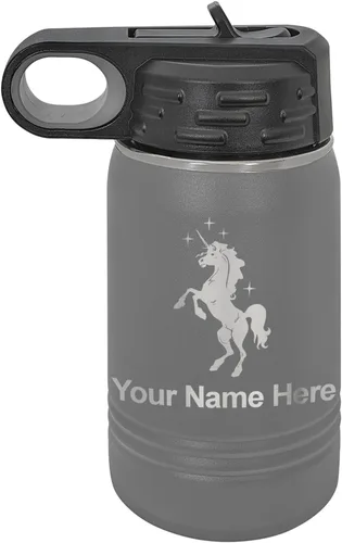 Vista 70 de LaserGram Botella de agua de doble pared abatible de 12 onzas con pajita, unicornio, grabado personalizado incluido (rosa)