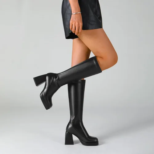 Vista 6 de DOBOYG Botas altas hasta la rodilla para mujer, botas de plataforma, tacón grueso de bloque elástico, punta cuadrada, botas altas de charol