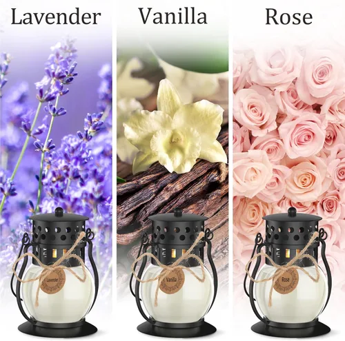 Vista 3 de Velas perfumadas para el hogar, paquete de 3 velas de aromaterapia de linterna retro para el hogar, juego de velas aromáticas de lavanda, velas