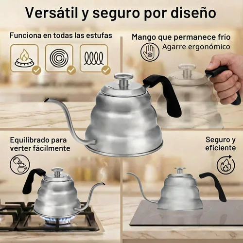 Vista 5 de Barista Warrior - Hervidor de café de cuello de cisne con termómetro – Hervidor de cuello de cisne para café y té, de acero inoxidable para todas