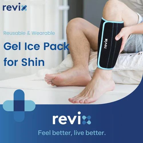 Vista 2 de REVIX XL Shin Ice Pack - Paquete de gel reutilizable para alivio de molestias en pantorrillas y codos, manga de compresión para terapia de frío