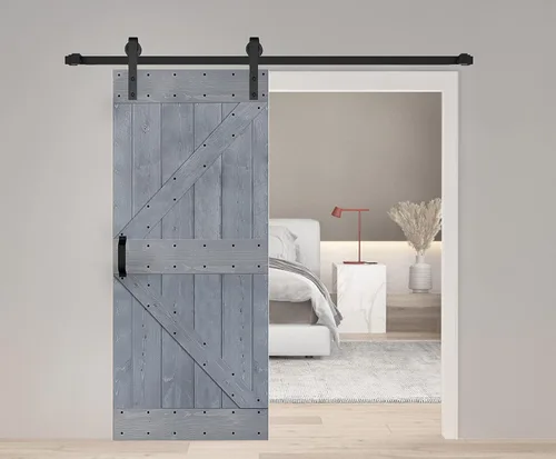 Vista 19 de Serie K. Puerta corredera de granero de madera maciza acabada con kit de herrajes (marrón/nogal, 24 x 84 pulgadas)