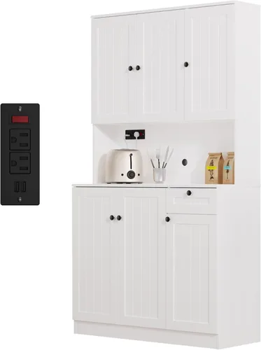 Vista 10 de Furnify Armario de despensa de 71 pulgadas con estación de carga, armario alto de almacenamiento de despensa de cocina con soporte para microondas