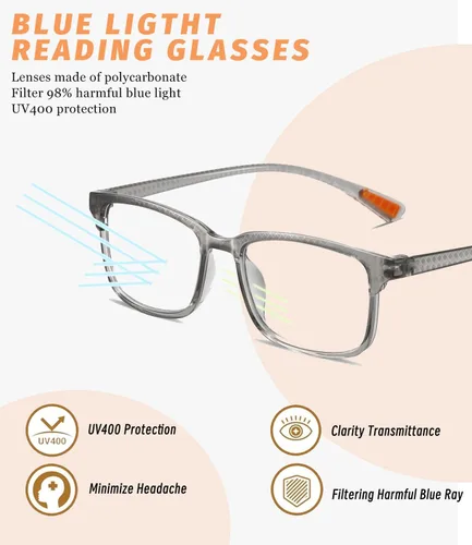 Vista 3 de Hubeye Reading Glasses For Men Blue Light Blocking Anti Ray Comoputer Reader Classic Sqaure Lightweight Eyeglasses