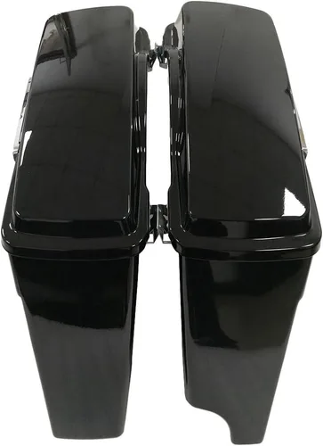 Vista 2 de ZXMOTO Vivid Black 4" 2-into-1 Left Side No Cutout Extended Stretched Saddlebags with Lids Fits For 1993-2013 HD Touring Models, Road King, Road