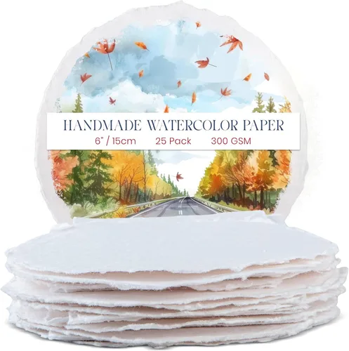 Wanderings Papel de acuarela redondo grueso hecho a mano con borde deckle - 10.58 oz/m² - Papel circular texturizado blanco de alta calidad -