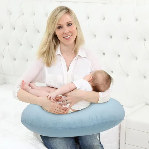 Vista 8 de LAT - Almohada de lactancia para lactancia materna, funda extraíble 100% algodón, almohadas ergonómicas para lactancia materna para mamá y bebé Azul