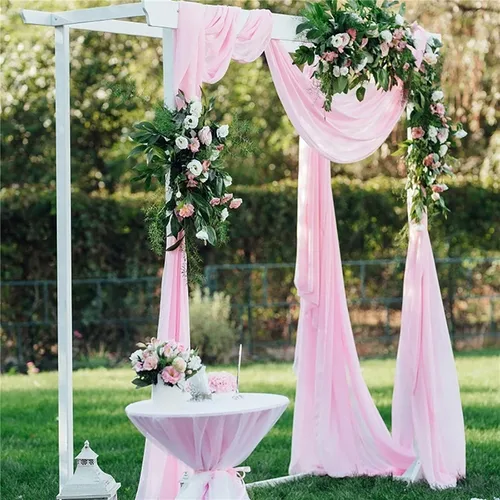 Vista 3 de Firlar Cortinas de arco de boda, cortina de telón de fondo transparente rosa de 18 pies, cortina de tela de gasa transparente, paneles drapeados