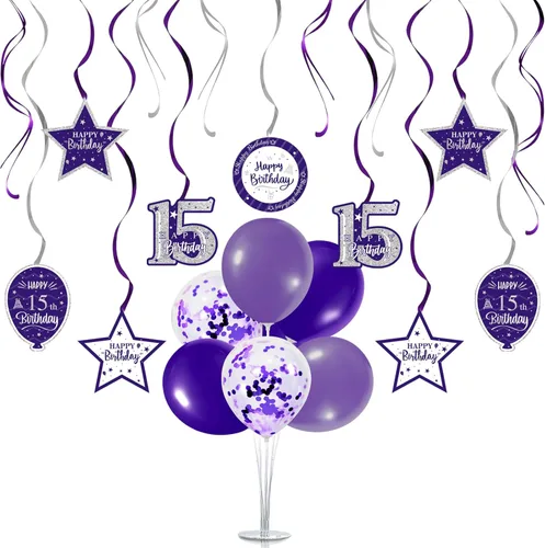 Vista 15 de Juego de decoraciones para fiesta de cumpleaños número 12, serpentinas azules con soporte de globo de mesa azul, decoraciones de fiesta