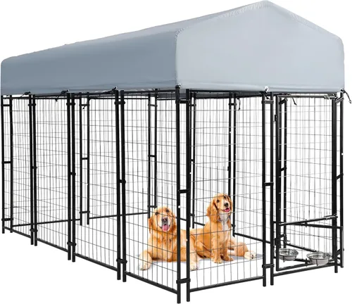 Vista 7 de Perrera para perros al aire libre, recinto para perros de 8 x 4 x 5.7 pies con cubierta de techo impermeable y 2 cuencos giratorios para perros