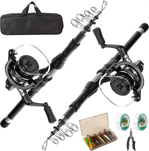 Vista 8 de Combo de carrete de caña de pescar, 2 cañas de pesca telescópicas de 6.89 pies, 2 carretes giratorios, juego de alicates de pesca con bolsa