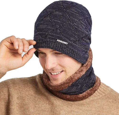 Vista 5 de Conjunto de gorro de invierno para hombre, gorro de punto cálido, gorro de calavera, calentador de cuello con forro polar grueso, gorro de invierno