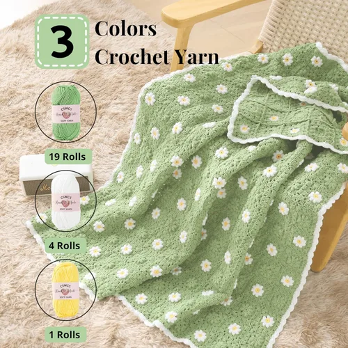 Vista 2 de CSWCS Kit de Manta de Ganchillo para Principiantes, Kit de Manta Tipo Throw de Cuadros Granny de Margaritas para Adultos, Fácil de Aprender a Tejer