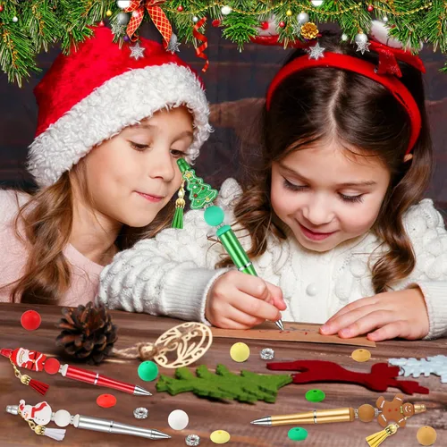 Vista 6 de CZWZ 8 piezas de bolígrafos de cuentas navideños, bolígrafos de plástico con cuentas y cuentas de silicona multicolor, bolígrafos navideños