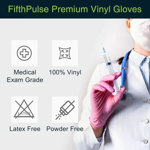 Vista 5 de FifthPulse - Guantes desechables de vinilo color rosa, sin polvo y sin látex, guantes para examen médico