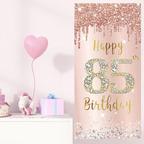 Vista 3 de Decoración de Puerta de Cumpleaños Número 85 para Mujer, Cubierta de Puerta Rosa Oro Rosa Feliz 85 Cumpleaños, Suministros de Fiesta, Cartel