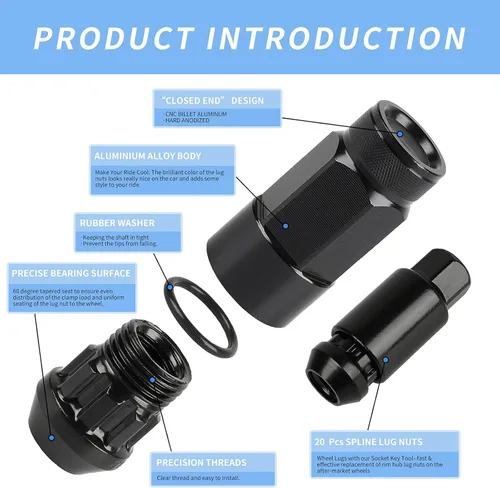 Vista 5 de 20 piezas de tuercas de llanta de extremo cerrado M12X1.5 para llantas de rueda + casquillo (negro)