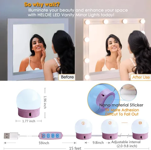 Vista 2 de Luces LED para Espejo de Tocador, Luces de Tocador para Iluminación de Espejo de Maquillaje, 10 Bombillas Regulables, Color de Luz y Brillo Rosa