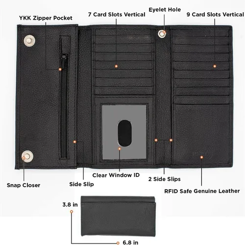 Cartera larga de cuero genuino para hombre, triple cubierta de chequera, bloqueo RFID, múltiples ranuras para tarjetas, bolsillo con cremallera para