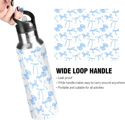 Vista 4 de Blueangle Botella de agua de 20 onzas con lazo de cinta azul, doble pared al vacío, botella de agua de acero inoxidable a prueba de fugas, botella