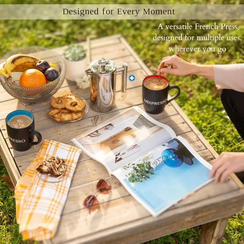 Vista 36 de Mixpresso Cafetera de Prensa Francesa de Acero Inoxidable Negro 26 Oz 770 ml, Prensa Francesa de Acero Inoxidable con Aislamiento de Doble Pared