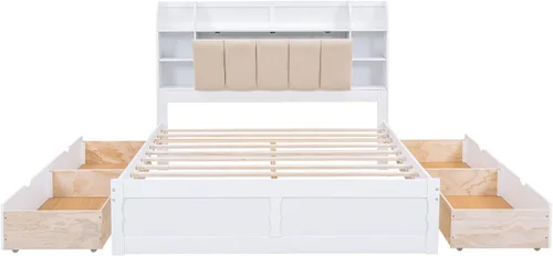 Vista 5 de Harper & Bright Designs Cama Queen de madera con cabecera de estantería y 4 cajones de almacenamiento, marco de cama de plataforma Queen
