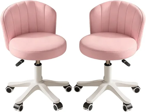 Vista 17 de Silla de escritorio redonda pequeña rodante sin brazos, silla de computadora cómoda con respaldo bajo de cuero PU, silla de trabajo ajustable