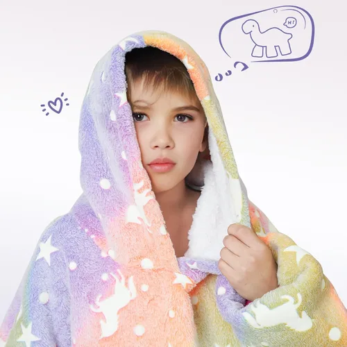 Vista 5 de Manta con capucha para niños, sudadera de Navidad de gran tamaño que brilla en la oscuridad, manta con capucha de unicornio cómoda Sherpa