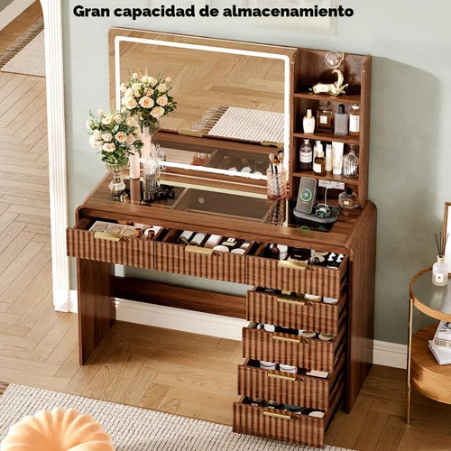 Vista 2 de Escritorio de maquillaje de 47 pulgadas con espejo y luces, escritorio de tocador con 7 cajones y estantes de almacenamiento, mesa de tocador