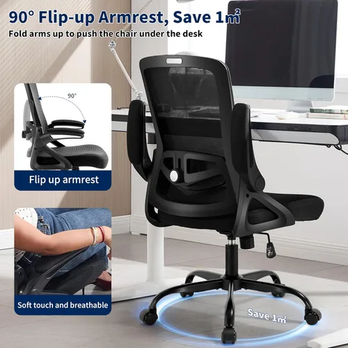 Vista 7 de Silla de oficina ergonómica, silla de escritorio con soporte lumbar ajustable, cómodas sillas de computadora de malla transpirable con reposabrazos