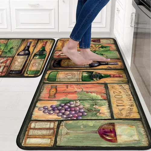 Vista 2 de Juego de 2 alfombras de cocina para vino, antideslizantes, lavables, absorbentes, de microfibra, para el frente del fregadero, para estar de pie